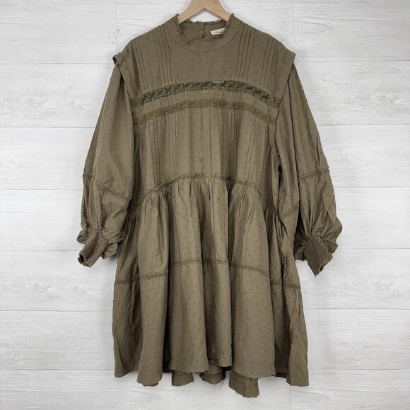 Anthropologie Babydoll Dress Large Balloon Sleeves Swiss Dot Green Boho Cottage - Picture 2 of 16